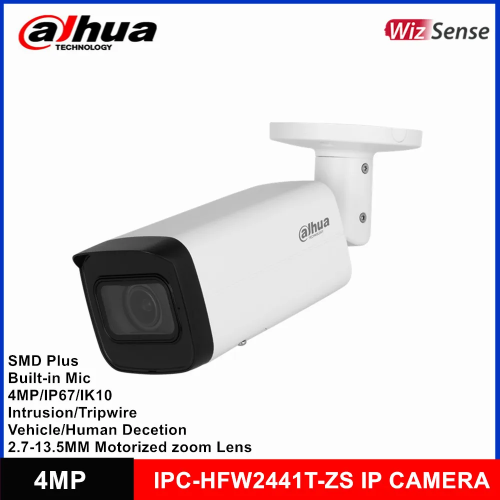 DAHUA IPC-HFW2441T-ZAS-2713 4Mpix, 2,7-13,5mm Motoriz Lens, H265+,Starlight, 60Mt Gece Görüşü, Dahili Mikrofon, IP67, PoE Bullet IP Kamera