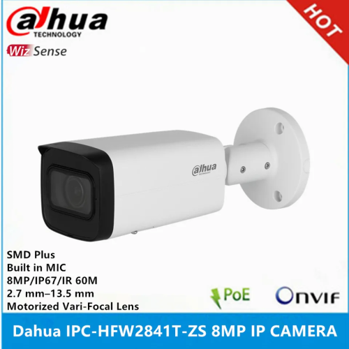 DAHUA IPC-HFW2841T-ZAS-27135 8Mpix, 2,7-13,5mm Motoriz Lens, H265+, 80Mt Gece Görüşü, Dahili Mikrofon, Starlight, IP67, PoE Bullet IP Kamera