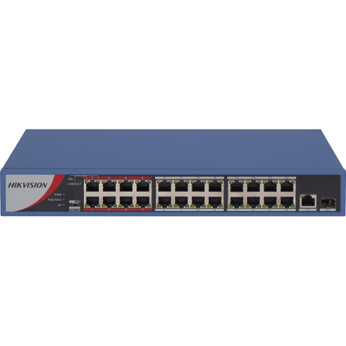 HIKVISION DS-3E0326P-E/M(B), 26 Port, MegaBit, 24 Port PoE, 250W, +1 Port GigaBit Uplink, +1 Port GigaBit SFP, Yönetilemez, Rack Mount Switch